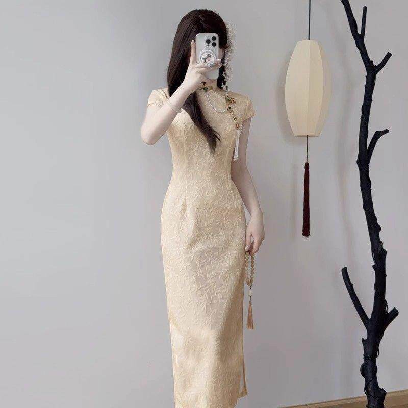 黄色淡雅提花订婚改良连衣裙新款气质长裙送考聚会旗袍中式复古