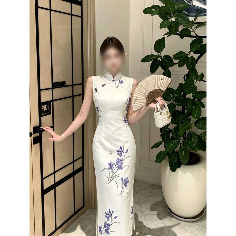 中式新风旗袍连衣裙无袖白紫温柔出游裙兰花拍照温柔立领改良盘扣