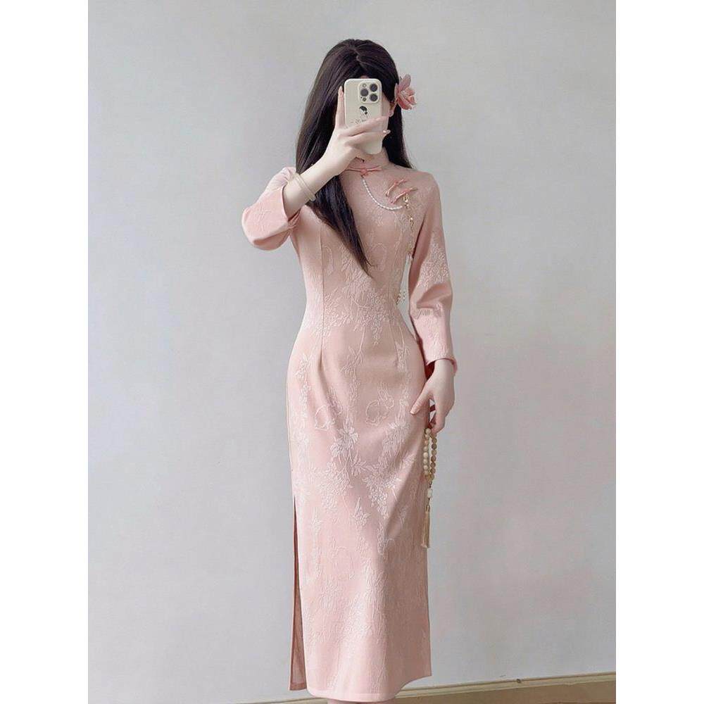 订婚送考旗袍裙新款秋冬连衣裙复古新国风中式改良提花收腰旗袍