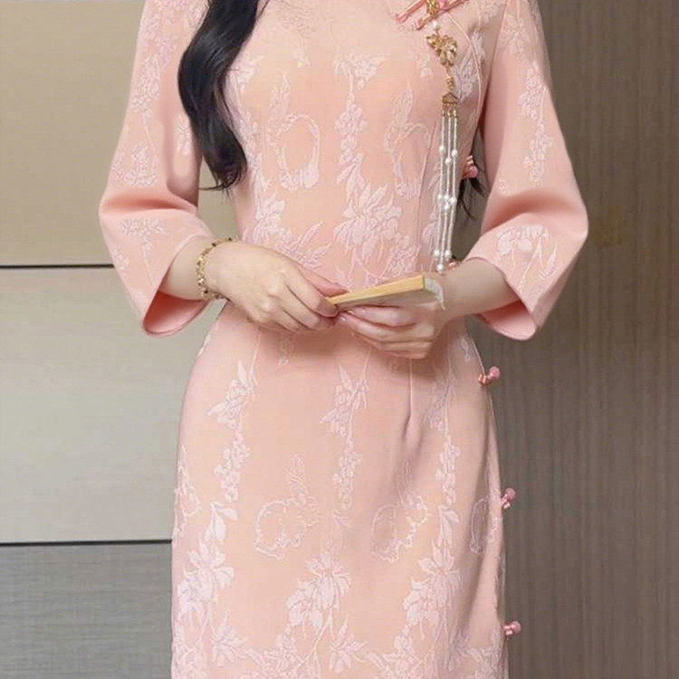 气质优雅连衣裙新款休闲旗袍裙国风粉色女旗袍提花复古春秋改良