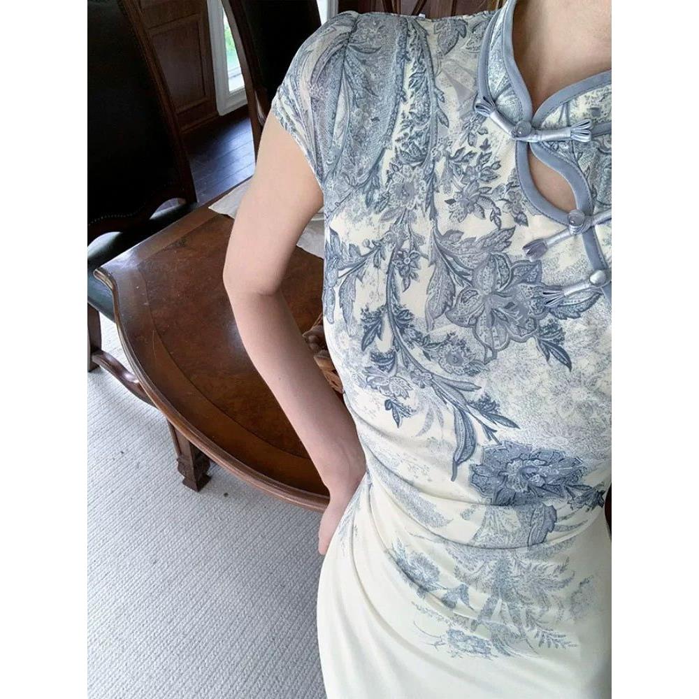 高级旗袍国风连衣裙中式长款礼服订婚感新显瘦修身短袖轻奢中敬酒
