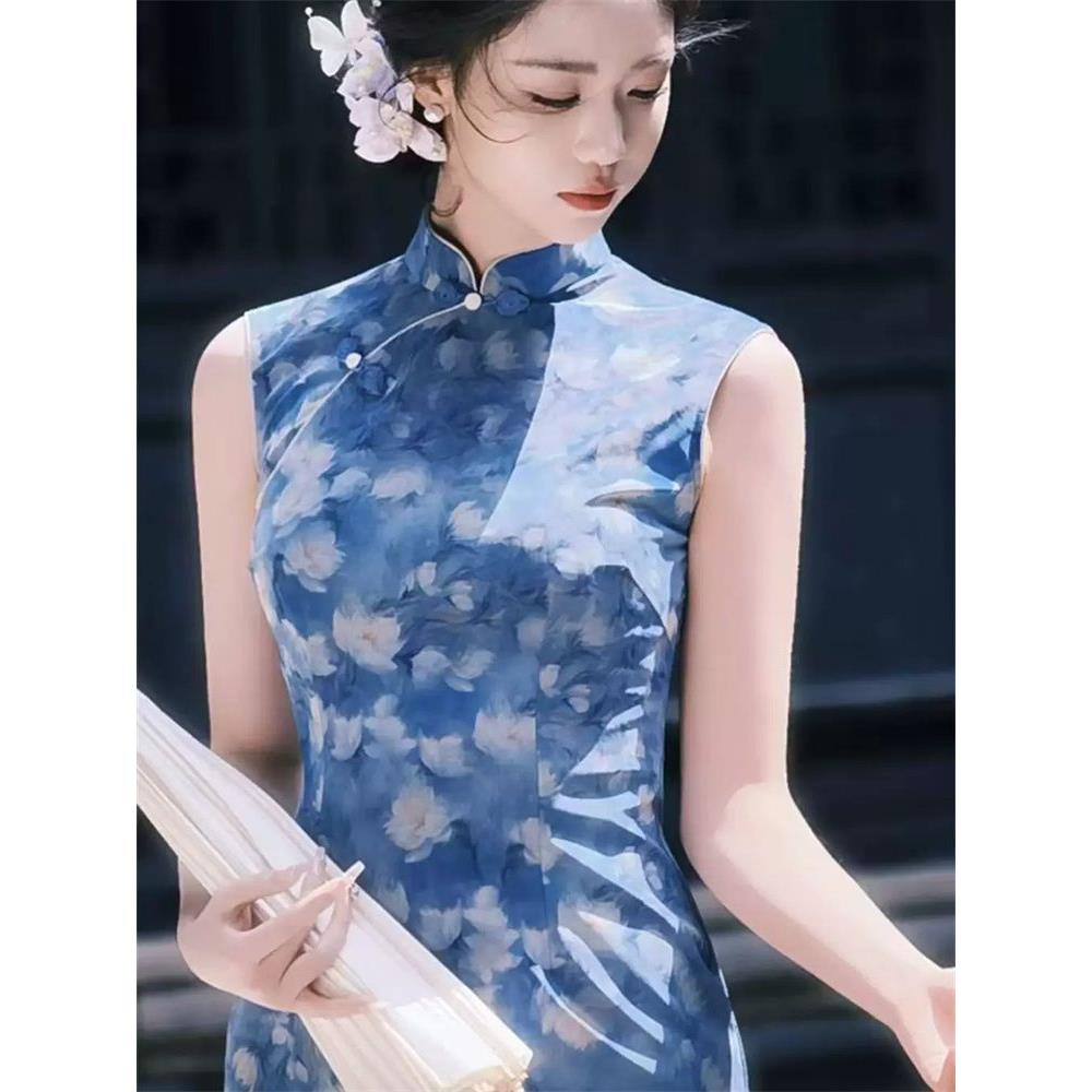 旗袍裙碎花中国风日常复古长新中式无袖款立领优雅连衣裙蓝色改良