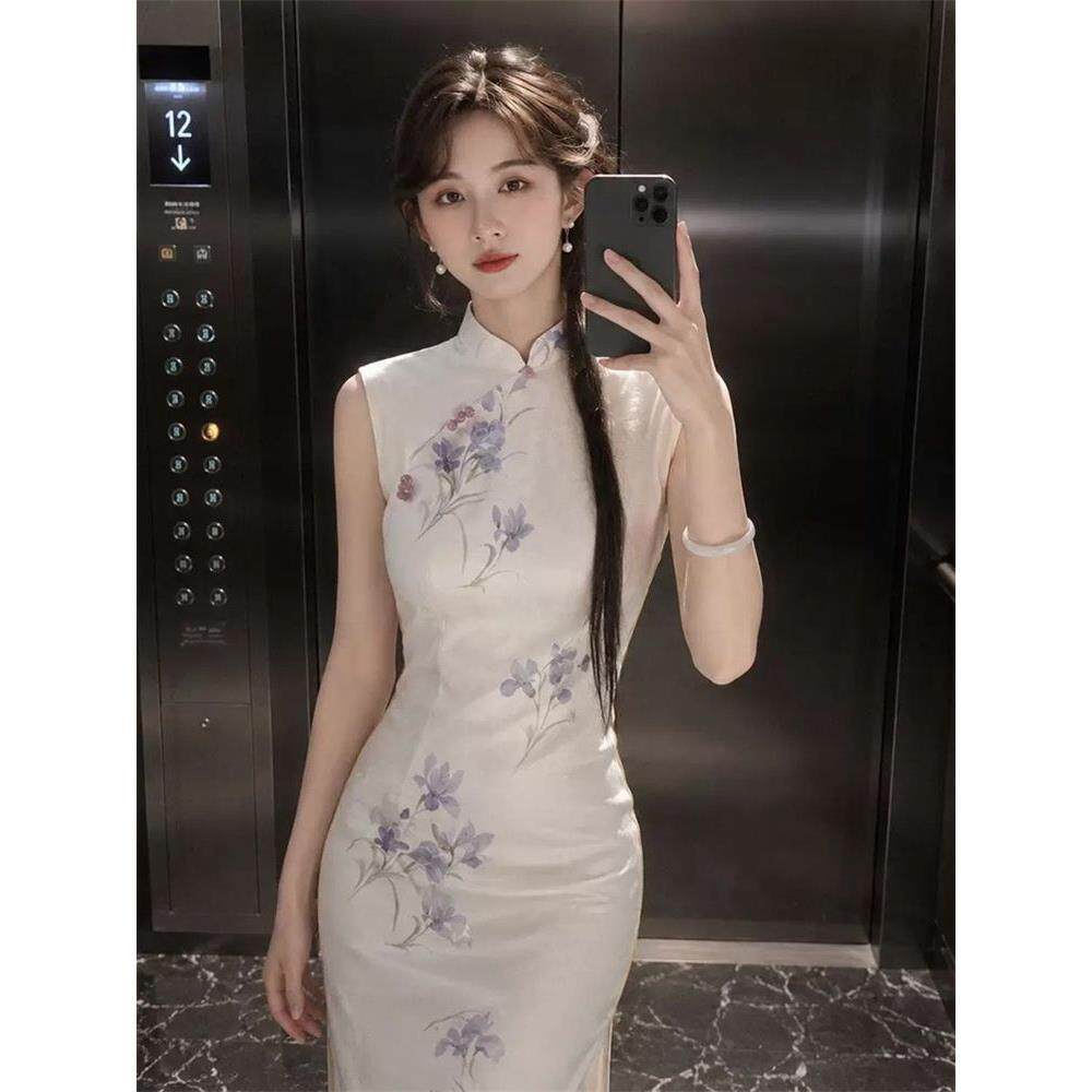 气质中式改良版旗袍收腰少女兰花紫连衣裙风白立领新无袖开叉温柔