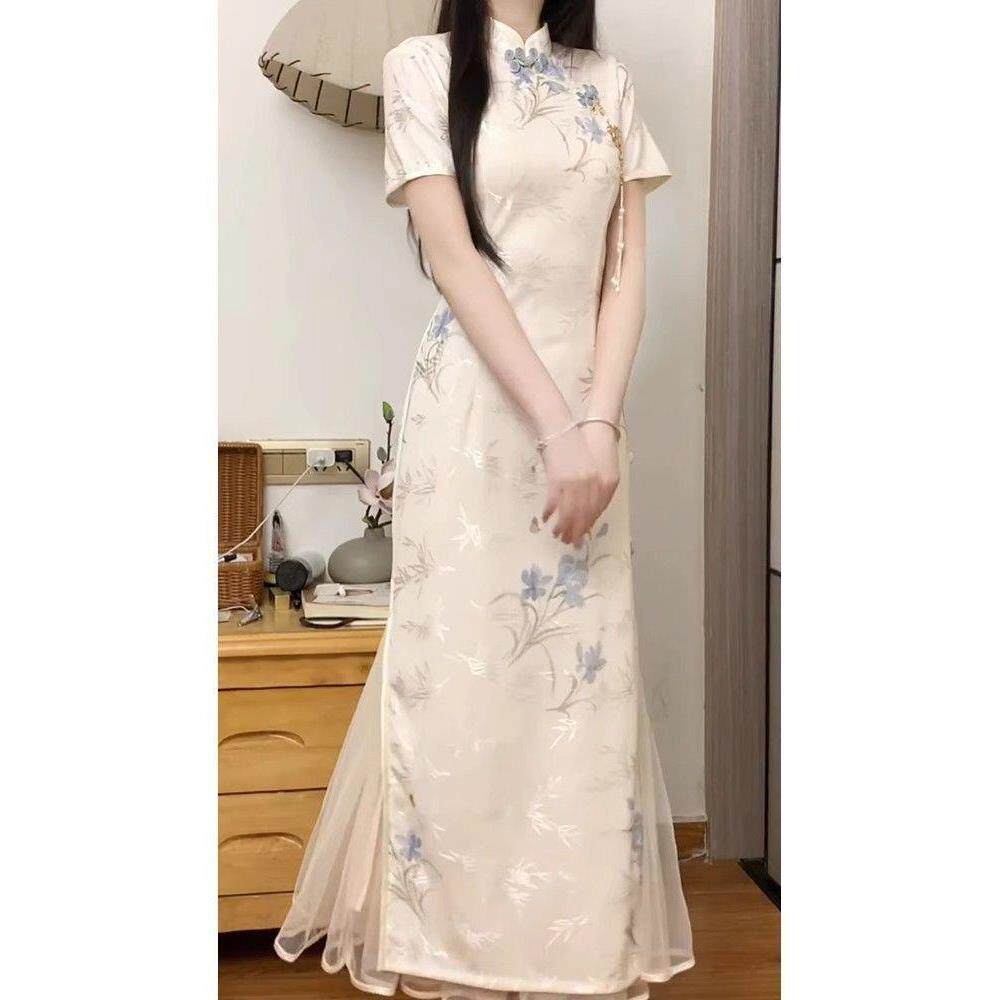 旗袍中式高级年轻款收旗袍质感修身改良气复古新款日常国风连衣腰