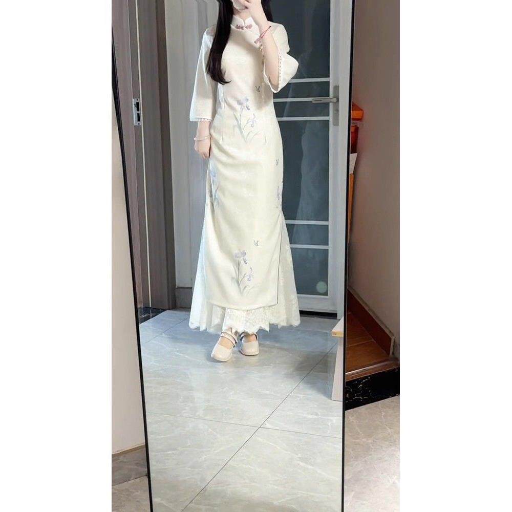 腰显改良白色中式淡雅年轻连衣裙新款瘦袖国风小个子七分旗袍收款