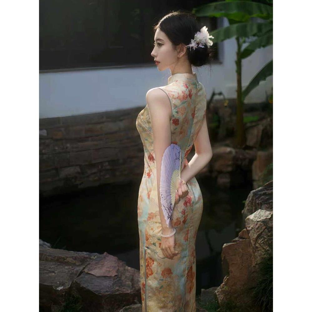 旗袍送考款连衣裙修身清新夏季约会日常新款显印花无袖礼服瘦长