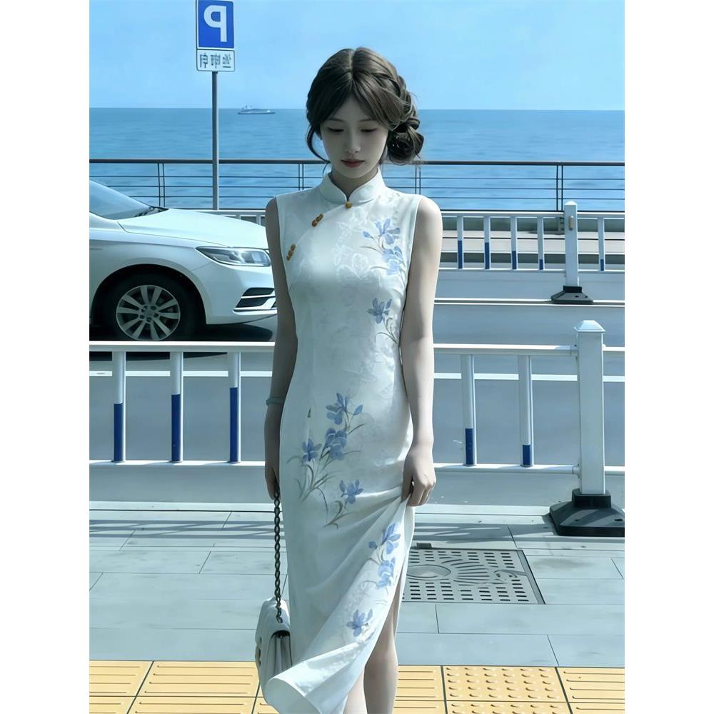 少女款白无袖旗袍中长款国风小个子改良版连衣裙紫修身兰花显瘦