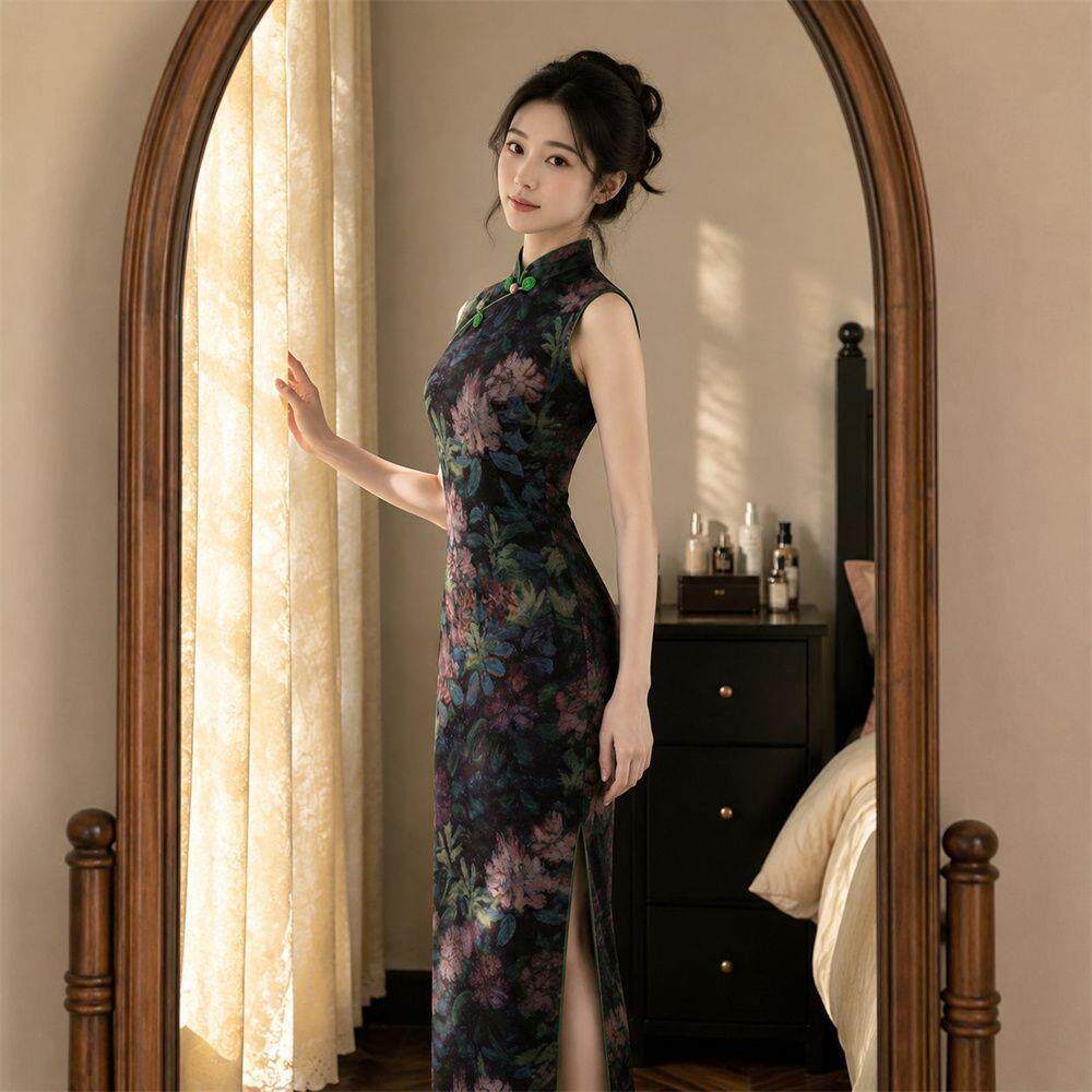 氛围感暗底油画大花无袖旗袍新中式收腰版型拍照宴会长款礼服裙
