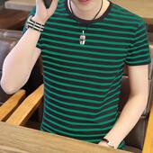新款 条纹休闲贴身潮流体恤衫 男士 T恤男薄款 上衣 纯棉圆领短袖 夏季