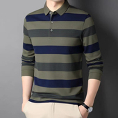 新款 宽松翻领体恤衫 长袖 条纹休闲商务POLO衫 百搭上衣 T恤男士 秋季