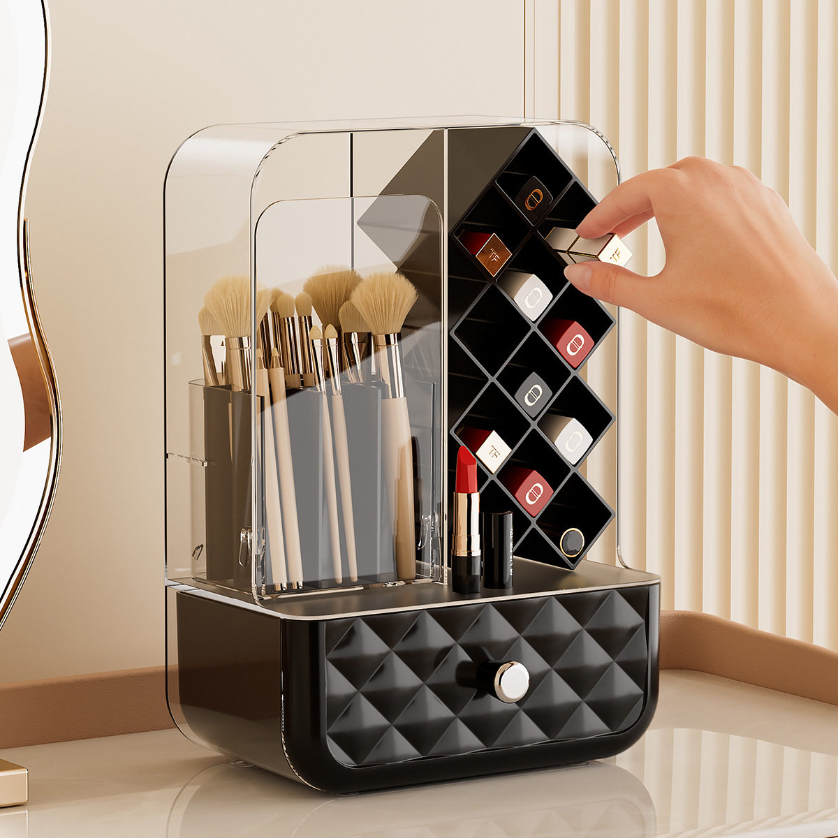 轻奢化妆品收纳盒桌面眼影盘口红整理盒梳妆台防尘眉笔刷子置物架