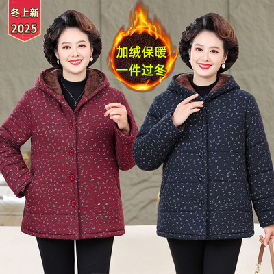 中老年女冬季连帽加绒保暖碎花棉