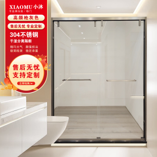 枪灰色一字型不锈钢淋浴房极窄双移门卫生间干湿分离浴室玻璃隔断