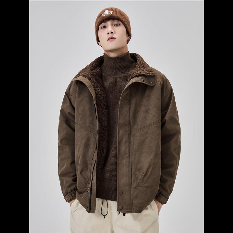 冬季新款加绒加厚立领工装夹克男休闲保暖羊羔绒棉衣外套