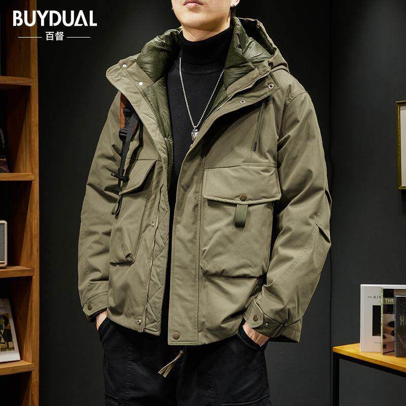 日系潮牌90白鸭绒短款工装羽绒服男士冬季新款加厚保暖连帽外套男