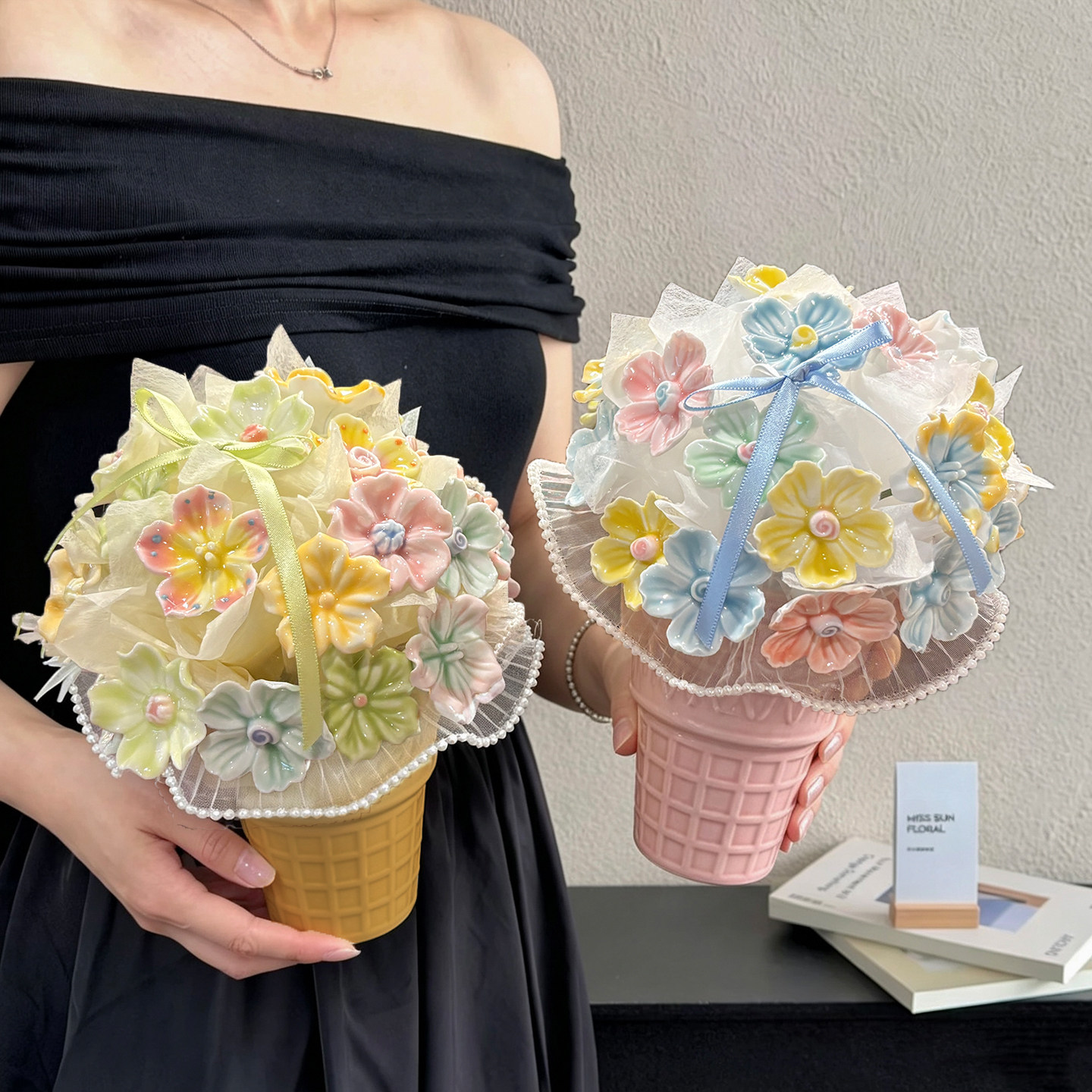 景德镇陶瓷花束冰激凌桶仿真花
