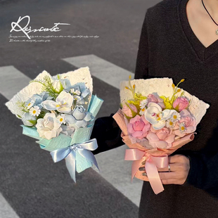 情人节手捧花玫瑰肥皂花香皂花小花束手工仿真花永生花礼物多巴胺