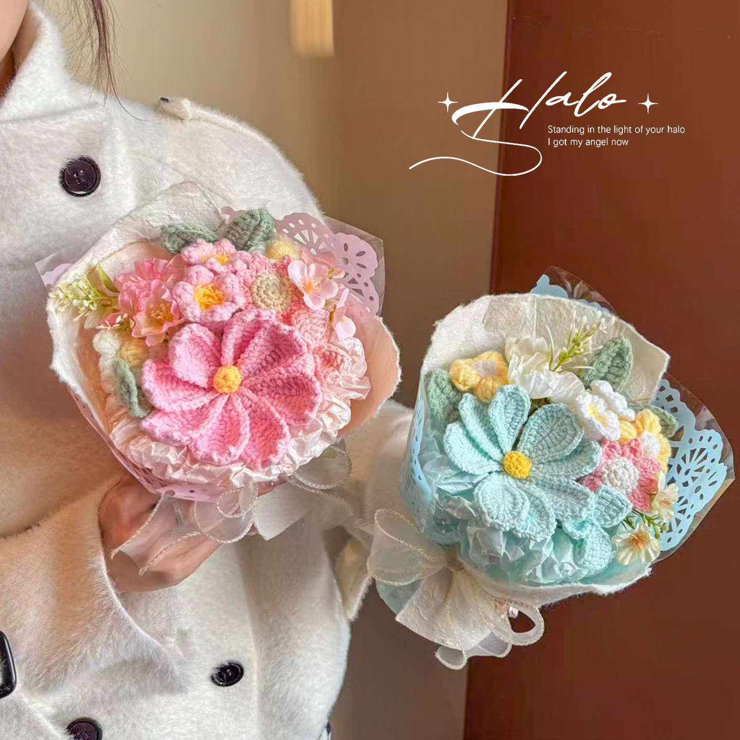 永生花针织小花束礼物毛线手工玫瑰花格桑花成品手捧花生日礼盒款