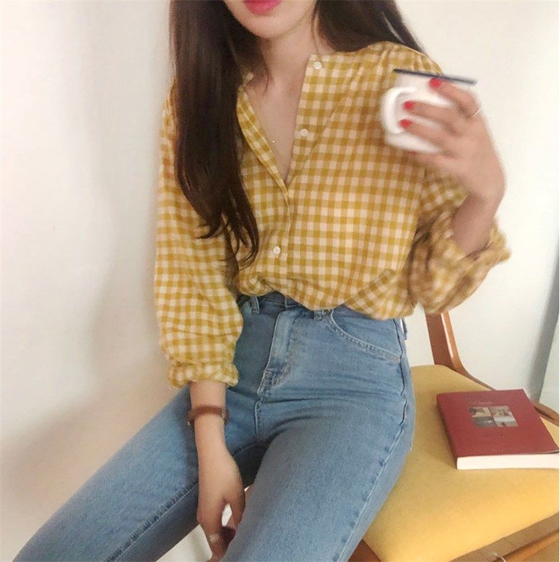 春季韩国女装ins风复古格子长袖棉麻衬衫上衣百搭显瘦单排扣衬衣|msdalam kategori Butik wanita / wanita, shirt - dari Buy2taobao.com untuk memberikan perkhidmatan ejen Taobao profesional membeli