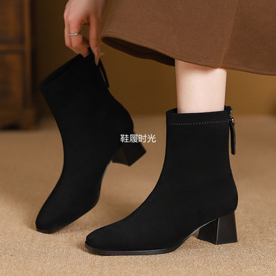 粗跟方头瘦瘦靴马丁靴女弹力靴