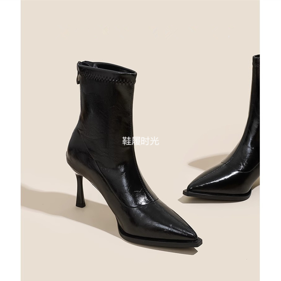 尖头高跟瘦瘦靴女后拉链软皮短靴