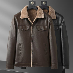 皮衣加绒加厚潮流简约百搭翻领夹克外套男爸爸装 男士 新款 2025冬季