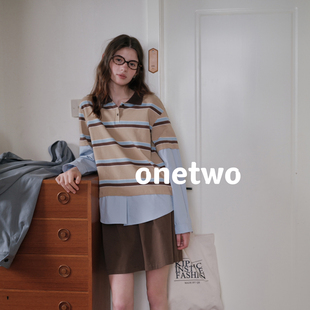 ONETWO 7天出货QS简约通勤拼接衬衣袖 下摆设计感韩系Polo领打底衫