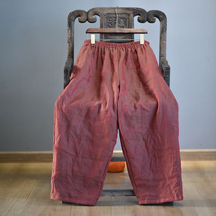 棉麻长裤秋高端色织加厚亚麻裤子女宽松直筒裤文艺阔腿裤高腰垂感