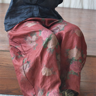 花布裤子女夏季文艺复古亚麻阔腿裤民族风印花棉麻裤子妈妈装宽松