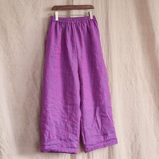 春秋初夏色织亚麻裤子女宽松休闲阔腿裤文艺舒适直筒裤紫色九分裤