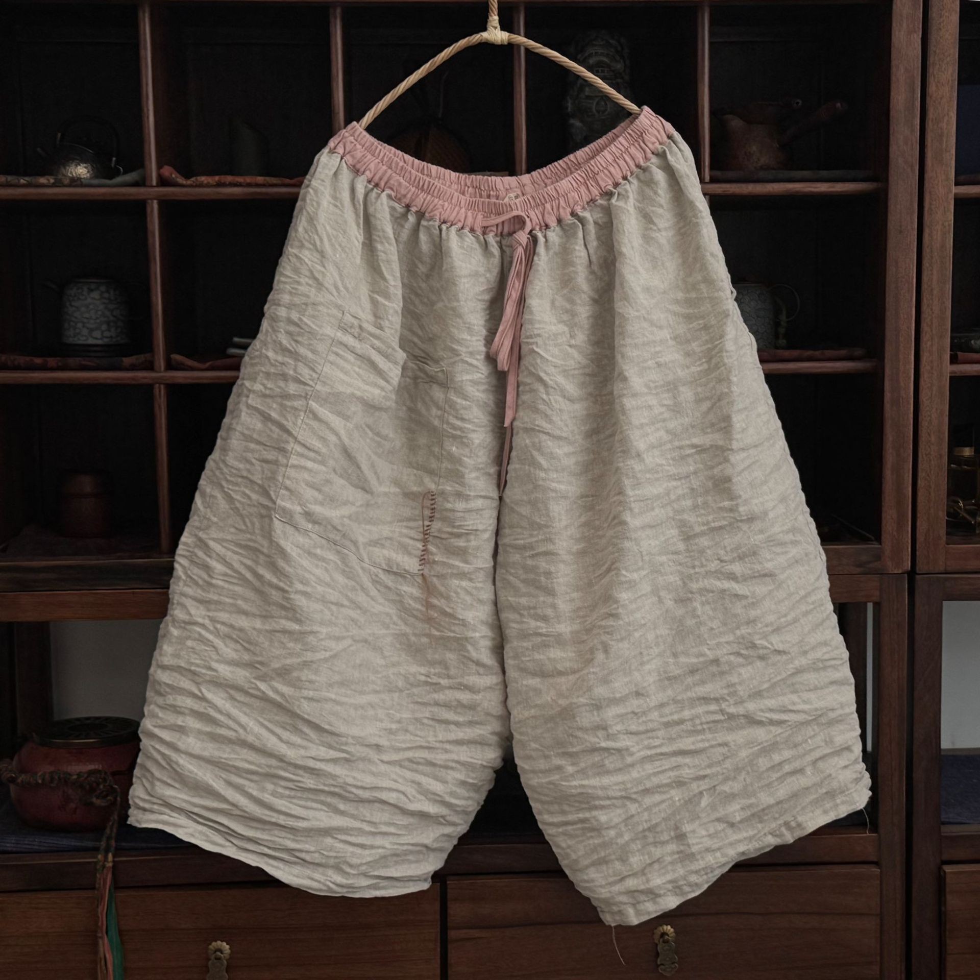 夏季八分裤亚麻松紧抽绳阔腿裤女