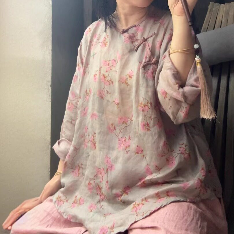 苎麻小衫文艺复古盘扣长袖衬衫
