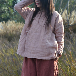 吕家小院棉麻坊 文艺复古女装 冬季薄款小棉袄旧粉色苎麻盘扣外套