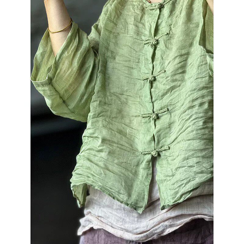 夏季唐装女宽松轻薄款苎麻对襟衣透气中式复古女装禅意上衣防晒衫