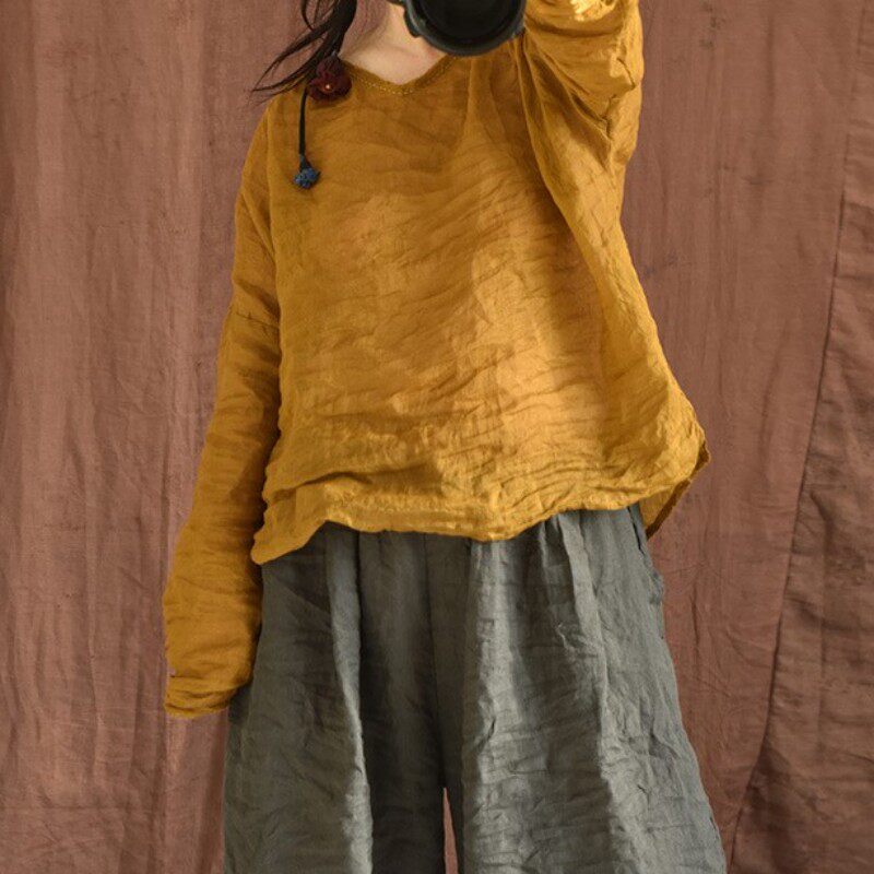 夏短款水洗苎麻小衫女文艺上衣小v领薄款毛边T恤长袖宽松慵懒套衫
