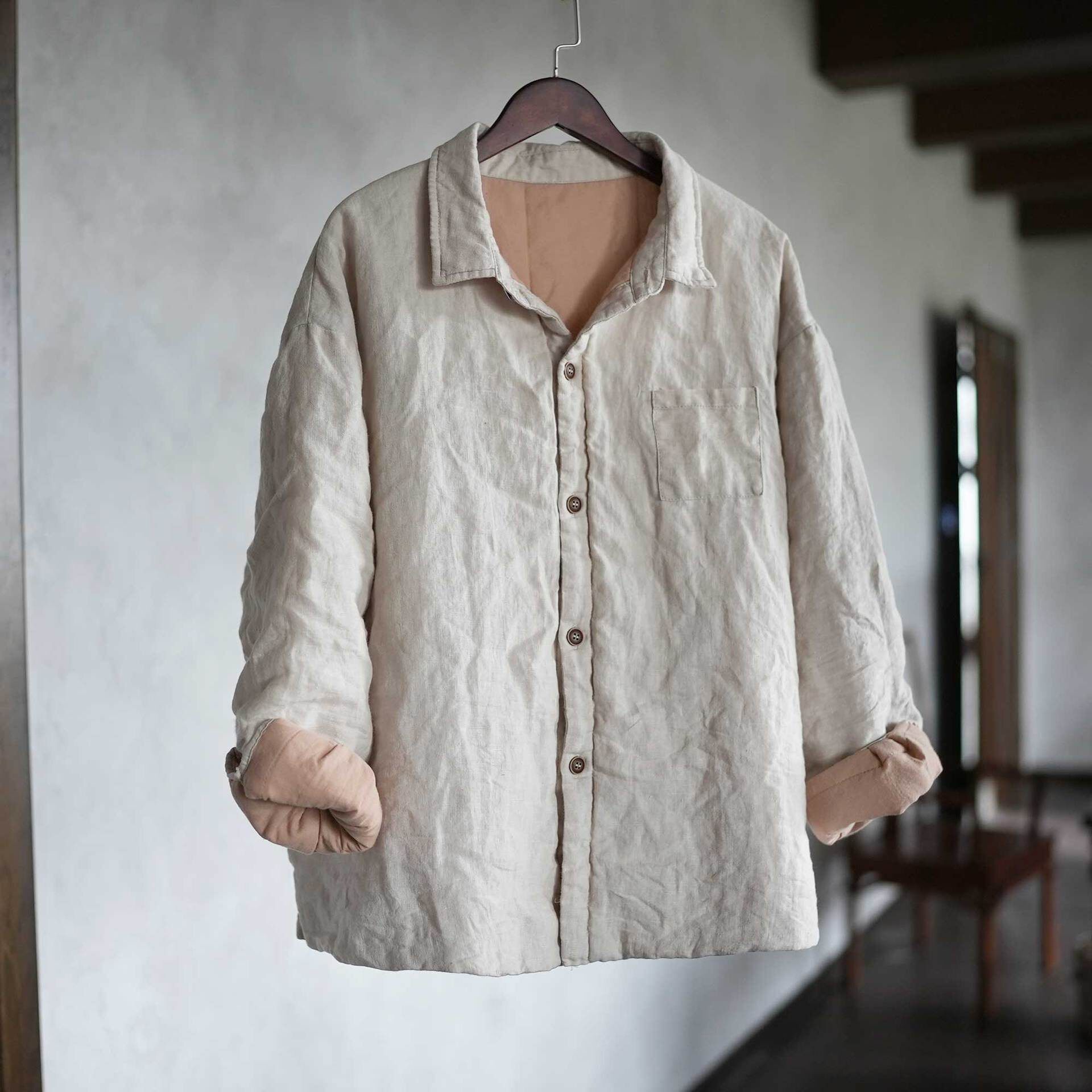 冬小袄文艺复古亚麻棉衣女宽松百搭棉服棉袄夹棉小翻领西服领外套