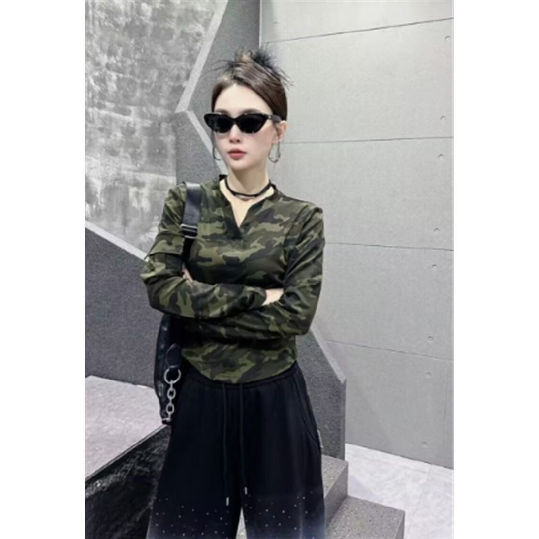 曳步舞网红同款迷彩长袖上衣时尚广场舞表演队服打底T恤衫套装