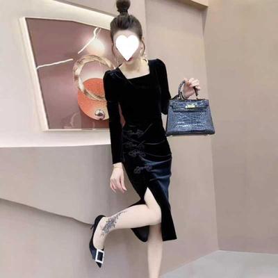 黑色金丝绒开叉连衣裙女2025夏秋新款改良旗袍新中式复古包臀裙子