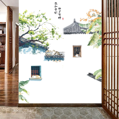 风景山水画墙贴屋檐国风玄关贴画
