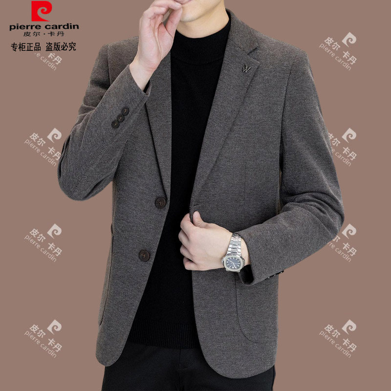 皮尔卡丹西服男士春新款休闲百搭免烫外套青年潮流商务高档西装**