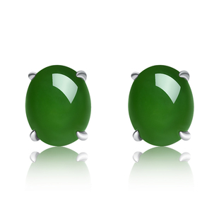 天然新疆和田碧玉耳钉女 925纯银镶翡翠耳环菠菜绿宝石蛋面玉耳坠