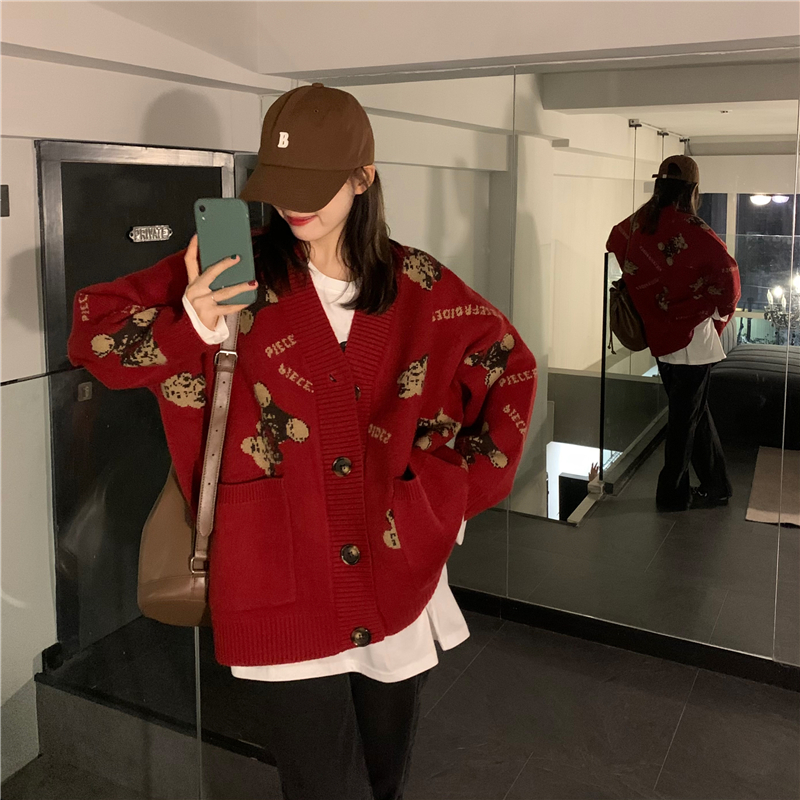 Real shot real price Korean version lazy style loose and thick bear knitted cardigan Christmas Sweater Coat 2 colors