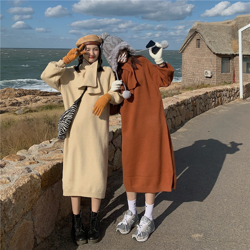 Real shot real price winter Korean version versatile loose medium length knitted wool skirt with scarf