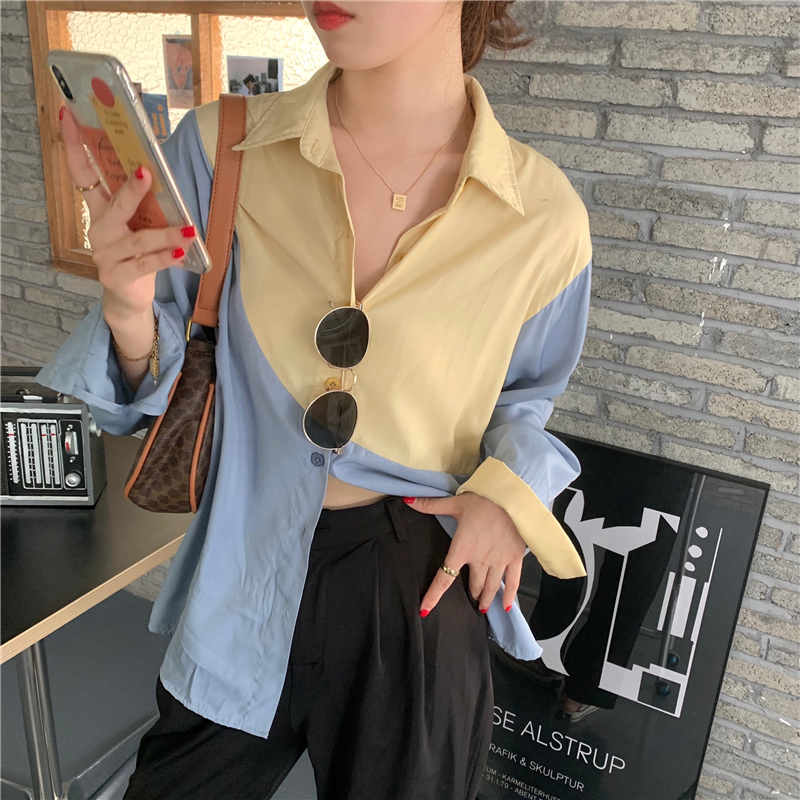 實拍實價春季韓版百搭寬鬆個性撞色領長袖襯衫