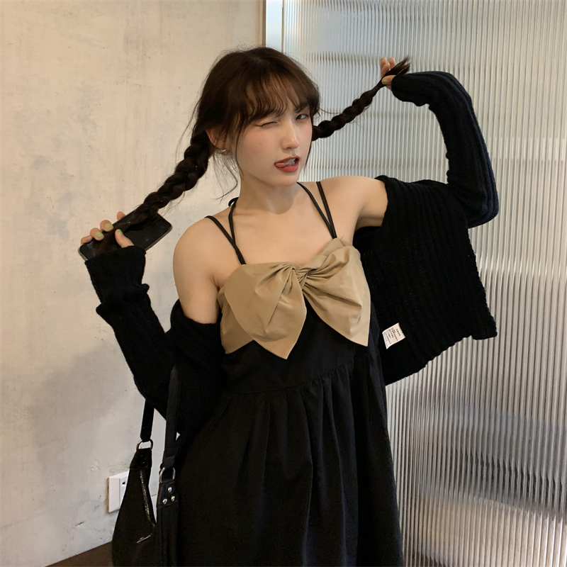 Real shot real price Korean design sense temperament versatile loose medium length bow Sling Dress