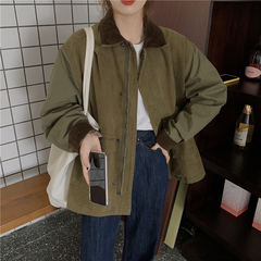 Real shot real price autumn Korean version versatile loose heavy technology Lapel splicing zipper long sleeve tooling jacket