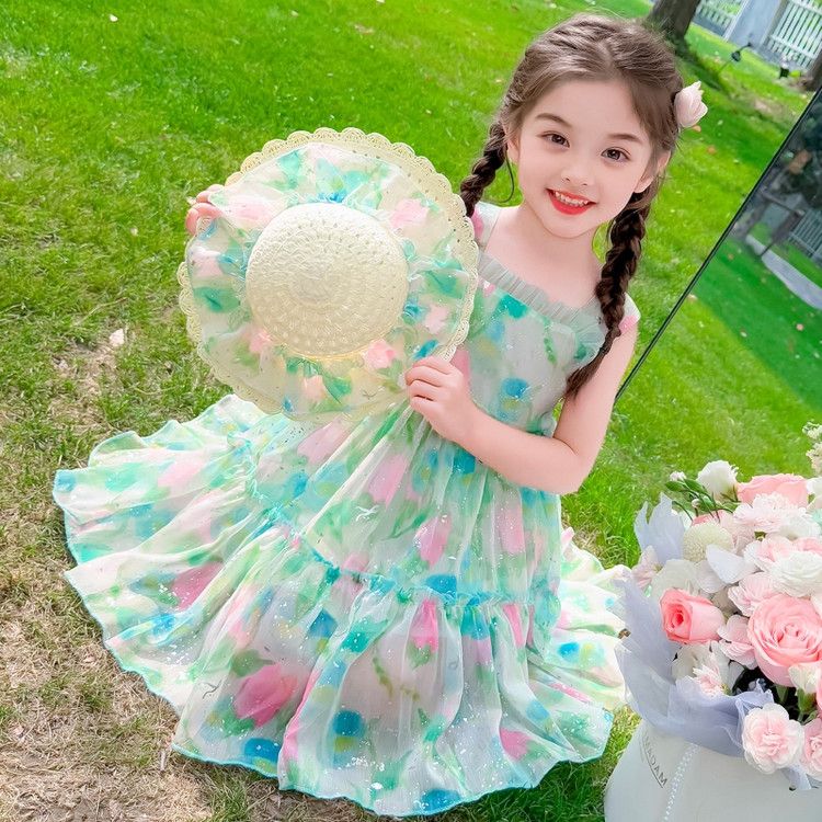 公主裙女童超仙春秋款洋气2025新款长袖雪纺长裙娃娃领碎花连衣裙