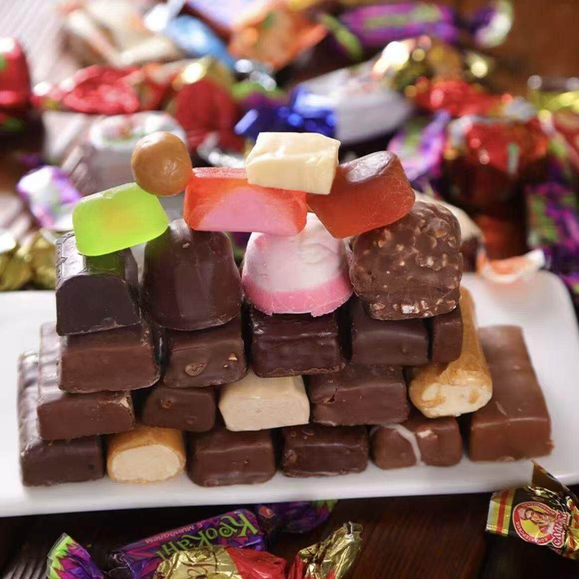 俄罗斯混合糖果高级巧克力酥糖夹心糖软糖紫皮糖混装年货零食喜糖