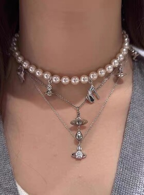 土星多元素珍珠项链轻奢小众2025新款高级感叠戴choker锁骨链配饰