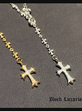 项链镶钻十字架毛衣链金色